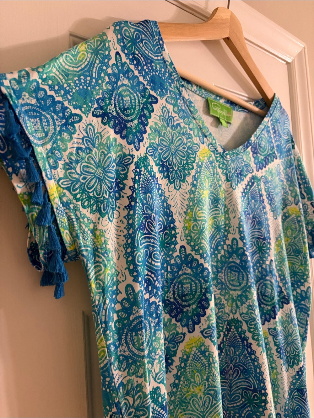 Pappagallo Blue and Green Tassel Trim Tunic Short Sleeve Shirt - Picture 5 of 8